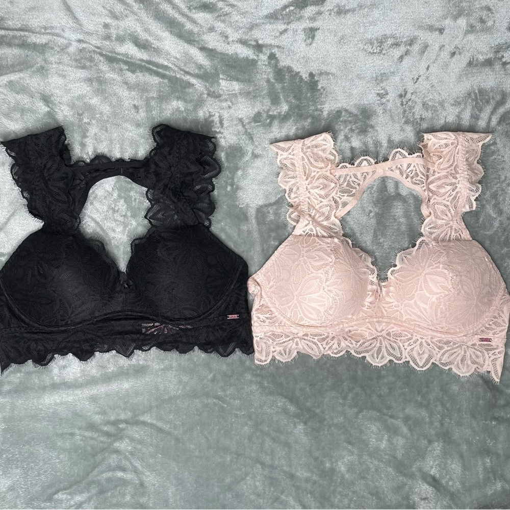 PINK Victoria's Secret Date Push-Up Lace Bralettes Set Size M Black Cream